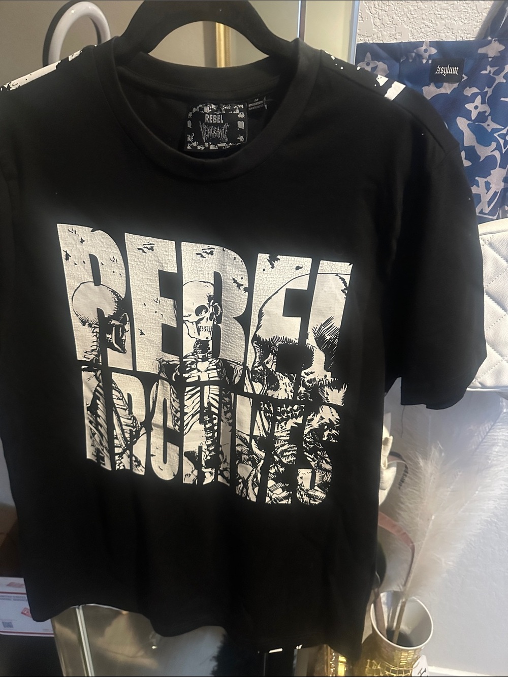 rebels Black Tee with White Skeleton Block Logo